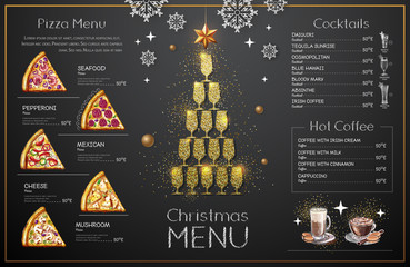 Wall Mural - Christmas menu design with golden champagne glasses. Restaurant menu. Pyramid of champagne glasses