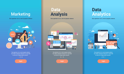 Poster - web design template set for marketing data analysis and data analytics concepts different business collection flat copy space