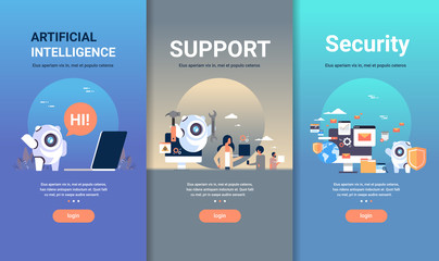 Poster - web design template set for artificial intelligence support and security concepts different business