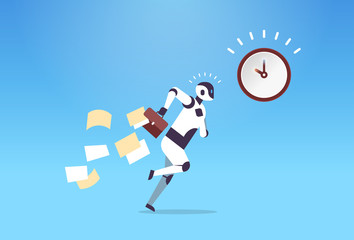 Poster - business robot running with falling papers from briefcase time management deadline artificial intelligence technology concept flat horizontal vector illustration