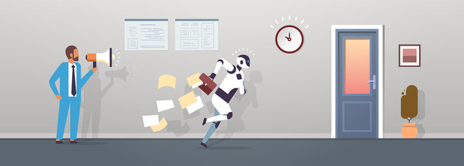 Poster - boss human hold megaphone modern robot running with falling papers from briefcase to door artificial intelligence technology concept flat horizontal