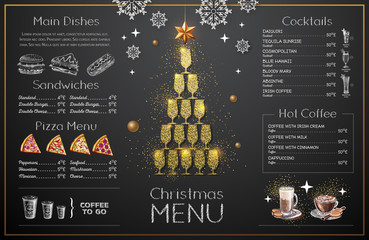 Wall Mural - Christmas menu design with golden champagne glasses. Restaurant menu. Pyramid of champagne glasses