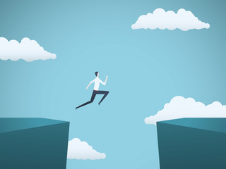 Wall Mural - Businessman jumping over gap between cliffs vector concept. Symbol of business risk, success, motivation, ambition and challenge.