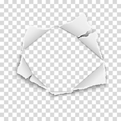 Wall Mural - Ripped hole in transparent paper with torn edges and soft shadow. Damaged sheet. Vector paper template.