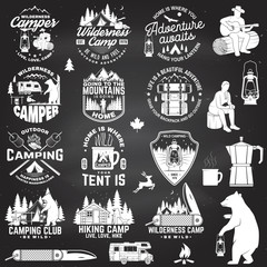 Wilderness camp. Be wild and free. Vector. Concept for badge, shirt or logo, print, stamp, patch. Vintage typography design with trailer, tent, campfire, bear, pocket knife and forest silhouette