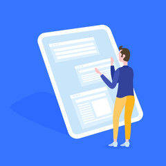 Poster - businessman change online application interface infographic template tablet screen chat app design c