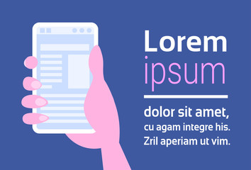 Poster - human hand holding smartphone mobile online application screen social media profile concept horizontal copy cpace flat
