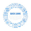 Finance, money loan circle template flat line icons. Quick credit approval, currency transaction, no commission, cash deposit atm vector brochure illustration. Thin blue signs for banking poster.