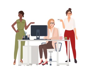 Aufkleber - Group of female employees or managers at office - working on computer, drinking coffee, discussing work issues. Cartoon characters isolated on white background. Vector illustration in flat style.