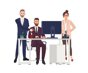 Poster - Male managers working on computer at office, making corrections in project, angry female worker or boss standing beside. Cartoon characters isolated on white background. Flat vector illustration.