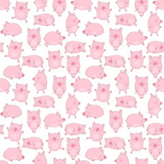 Seamless pattern of hand-drawn funny pigs on a transparent background. Vector illustration of piglets for New Year, prints, wrapping paper, children, clothes, decor, farm, food.