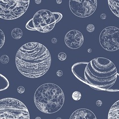 Wall Mural - monochrome seamless pattern with planets and other planetary bodies in outer space. backdrop with ce