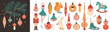 Collection Of Beautiful Baubles And Decorations For Christmas Tree. Set Of Holiday Ornaments. Figures Of Animals, Santa Claus, Nutcracker, Ballerina. Colored Vector Illustration In Flat Cartoon Style.