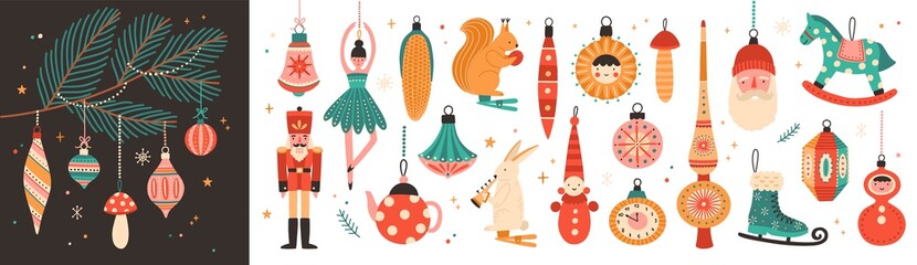 collection of beautiful baubles and decorations for christmas tree. set of holiday ornaments. figure