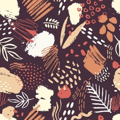 Poster - Trendy seamless pattern with abstract colorful paint stains, smudges, scribble on dark background. Abstract artistic backdrop. Vector illustration in contemporary art style for wrapping paper.