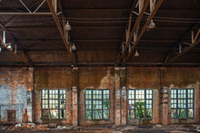 Large Broken Window In Abandoned Ruined Industrial Warehouse Or Factory Building Inside, Ruins And Demolition Concept