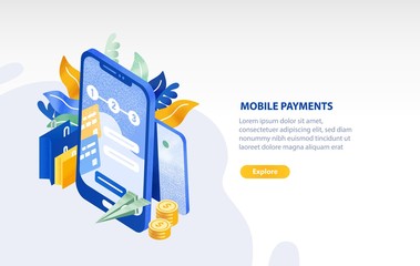 Fototapete - Horizontal web banner template with smartphone, flying paper plane, coins, shopping bags and place for text. Mobile payment, electronic money transfer technology. Isometric vector illustration.
