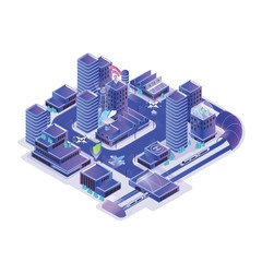Poster - Smart city model isolated on white background. Urban area with electronically managing traffic, energy consumption, water supply, community services. Colorful vector illustration in isometric style.