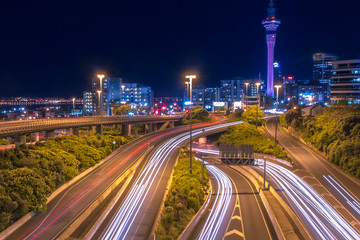 Canvas Print - Motorway with Night traffic in Auckland city New Zealand