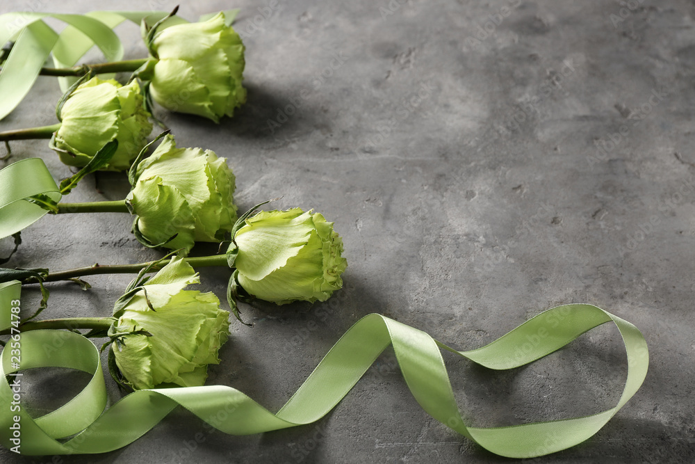 Beautiful green roses on grey background