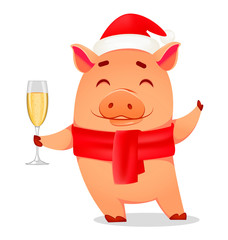 Sticker - Christmas greeting card. Cute pig