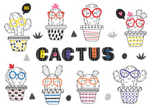 Set Of Isolated Coloring Funny Cactus In Glasses - Vector Illustration, Eps