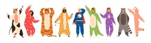 Bundle Of Men And Women Dressed In Onesies Representing Various Animals And Characters. Set Of People Wearing Jumpsuits Or Kigurumi Isolated On White Background. Flat Cartoon Vector Illustration.