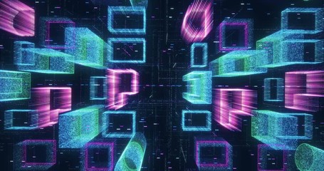 Leinwandbilder - Seamless loop abstract hologram 3D city rendering with futuristic matrix. Digital buildings with a binary code particles network. Technology and connection concept. 