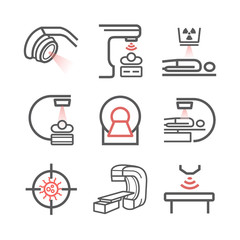 Body CT, CAT Scan. Line icons set. Radiotherapy signs. Vector symbols for web graphic.