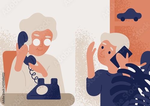 Cute Smiling Old Lady Talking On Phone To Little Boy Granny - 