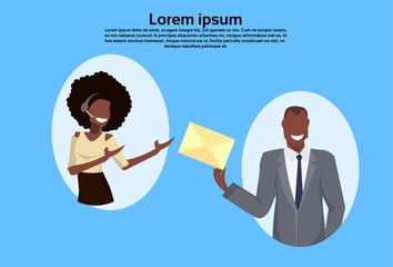 Poster - african american businessman getting envelope woman operator secretary concept support service carto