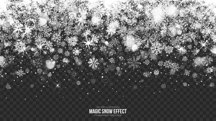 Vector Merry Christmas Magic Falling Snow Border with Realistic Bright Snowflakes and Lights Overlay on Transparent Background. Xmas and Happy New Year Holidays Abstract Illustration. Design Template