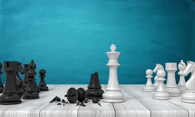 Wall Mural - 3d rendering of two sets of chess figures standing on a wooden desk where a white kind stands near a broken black one.