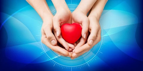 Poster - Man and woman holding red heart in hands isolated on white