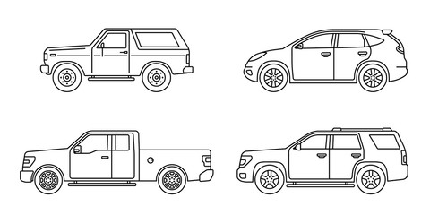 Set of personal cars. Set of automobiles in flat style. Offroad suv, pickup. Side view. Vector illustration.