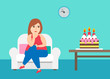 © tarikdiz - fat woman sitting on the chair and loking on cake on the table.dieting concept