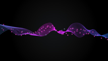 Abstract vector wave lines purple and blue colors isolated on black background with particles for design elements in technology, computer science and other spheres.