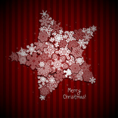 Wall Mural - Christmas greeting card design. A star from snowflakes on a red striped  background.