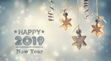 Fototapeta  - Happy New Year 2019 message with hanging star ornaments