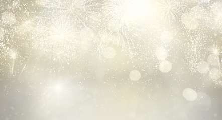 abstract festive silver winter bokeh background with fireworks and bokeh lights banner