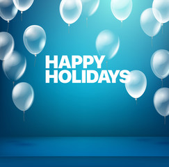 Aufkleber - Happy holidays. Blue illuminated room with balloons. Vector illustration