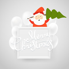 Poster - White frame on a wall with flying white balloons. Merry christmas