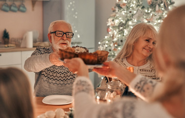 Poster - The beautiful family having dinner at the christmas table