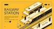 © vectorpouch - Railway station isometric vector web banner with high-speed express train stopping to picking up passengers line art illustration. Modern city transport infrastructure. Travel company landing page