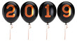 Party balloons New Year's Day 2019 black orange numbers glossy. Happy New Year Merry Christmas Xmas decoration. 3d illustration isolated