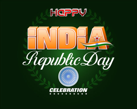 Holiday design, background with handwriting and 3d texts, national flag colors and spinning wheel for 26th of January, India Republic day, celebration