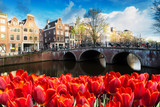 Fototapeta Tulipany - Dutch scenery with canal and mirror reflections at spring with flowers, Amsterdam, Netherlands