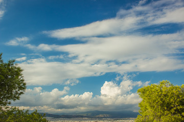 national park nature scenery panorama landscape with mountain horizon view and big empty space on blue cloudy sky 