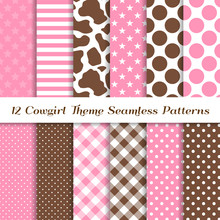 Cowgirl Theme Seamless Vector Patterns With Cow Skin Print, Pink And Brown Gingham, Polka Dots, Stripes And Stars Backgrounds. Perfect For Kids Birthday Party! Pattern Tile Swatches Included