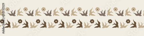 Fotografija Pretty folk art style birds and flowers in neutral colors make this vector border unique